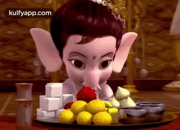 Cartoon Ganesha Sitting With Fruit Tray