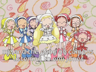 Cartoon Gang On Campus Listening To Emi Jones GIF