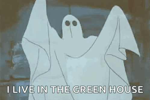 Cartoon Ghost Flying Saying I Live in Green House