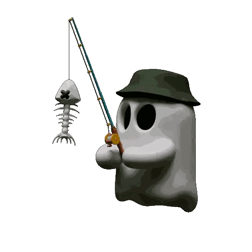 Cartoon Ghost Holding Fishing Rod with Fish Skeleton