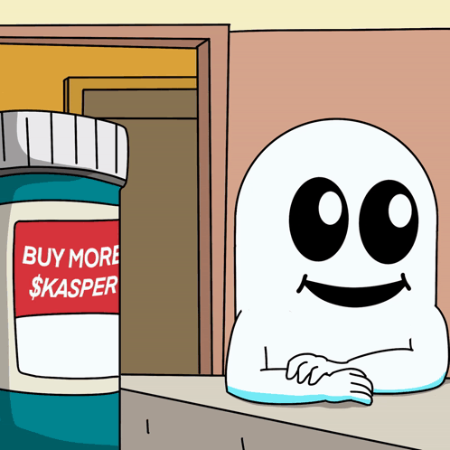 Cartoon Ghost Next to Bottle Saying Buy More $ Kasper