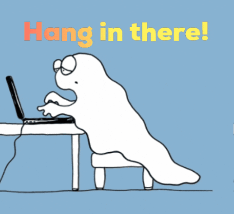 Cartoon Ghost Sitting at Desk With Laptop Saying Hang In There