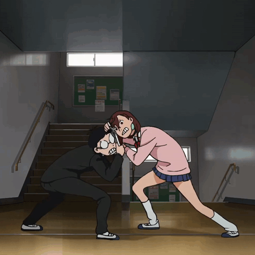 Cartoon Girl and Boy Wrestling