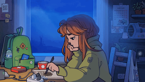 Cartoon Girl at Desk by Window with Wall Calendar