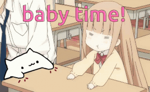 Cartoon Girl at Desk Saying Baby Time