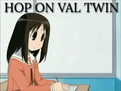 Cartoon Girl At Desk Saying Hop On Val Twin GIF