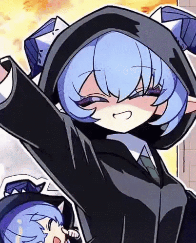 Cartoon Girl Blue Hair Black Suit Tie Hood