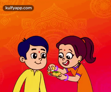 Cartoon Girl Feeding Boy Plate of Food