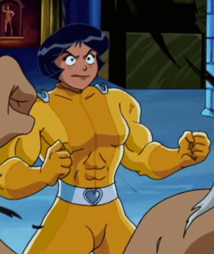 Cartoon Girl Flexing Muscles With Heart Belt GIF