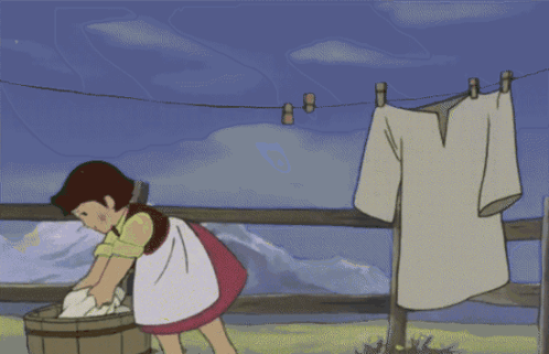 Cartoon Girl Hanging Clothes on Line