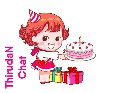 Cartoon Girl Holding Birthday Cake and Presents