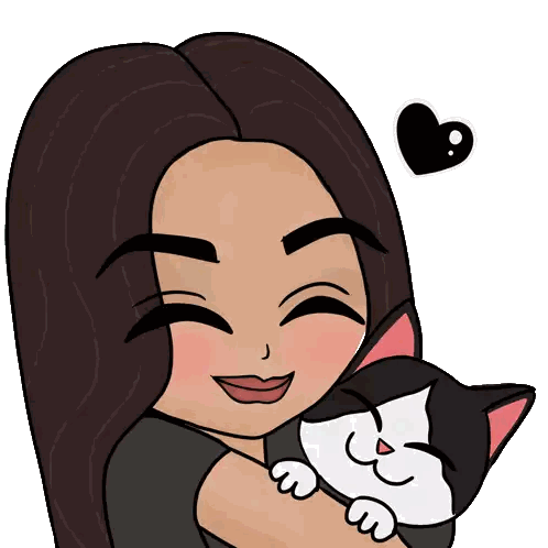 Cartoon Girl Holding Black and White Cat