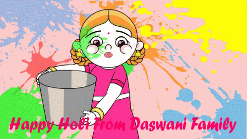 Cartoon Girl Holding Bucket Happy Holi from Daswani Family