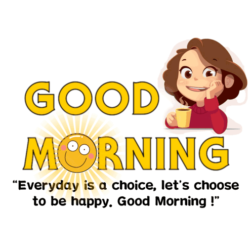 Cartoon Girl Holding Coffee Saying Good Morning