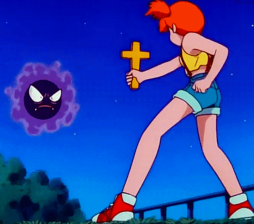 Cartoon Girl Holding Cross Beside Purple Pokémon