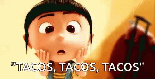 Cartoon Girl Holding Face Saying Tacos