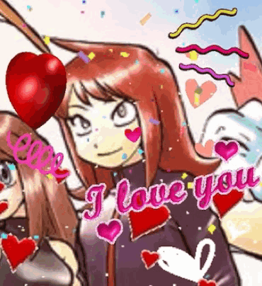 Cartoon Girl Holding Heart Balloon Says I Love You GIF