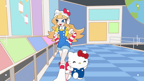 Cartoon Girl Holding Hello Kitty in Room