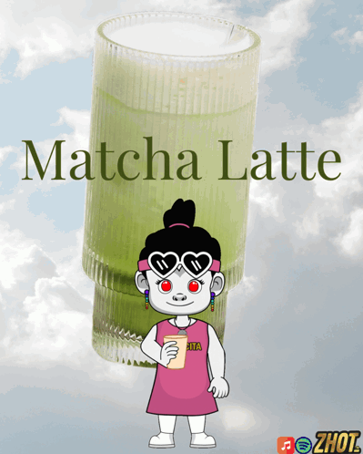 Cartoon Girl Holding Matcha Latte