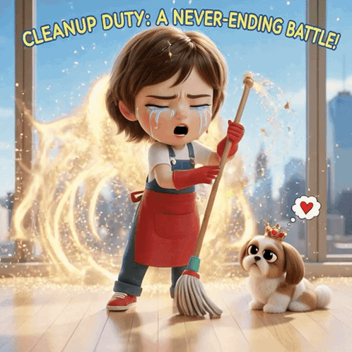 Cartoon Girl Holding Mop Crying Cleanup Duty a Never Ending Battle