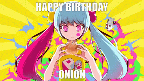 Cartoon Girl Holding Onion Saying Happy Birthday Onion