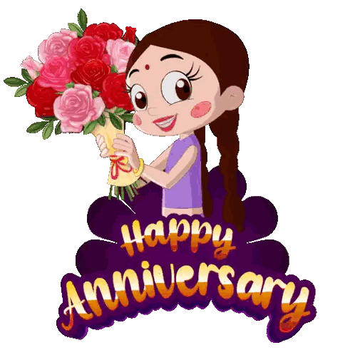 Cartoon Girl Holding Roses Happy Anniversary