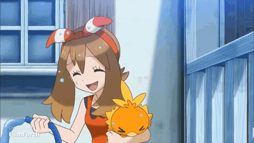 Cartoon Girl Holding Stuffed Animal GIF