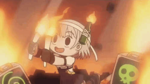 Cartoon Girl Holding Torch in Front of Skull and Fire