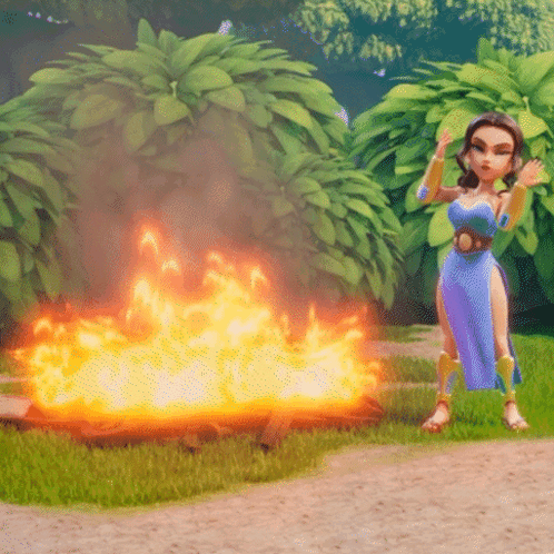 Cartoon Girl in Blue Dress in Front of Fire