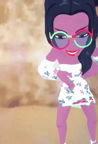 Cartoon Girl In Glasses And White Dress On Beach GIF