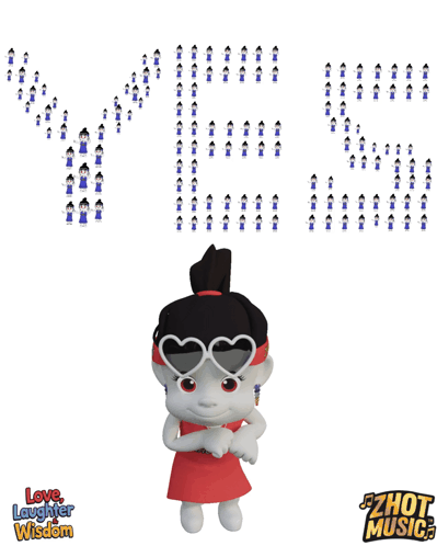 Cartoon Girl in Heart Sunglasses in Front of Love Laughter Wisdom Sign