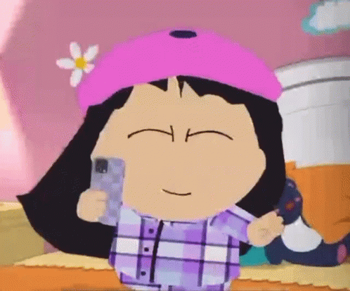 Cartoon Girl in Pink Hat and Plaid Shirt Taking Selfie