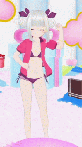 Cartoon Girl in Pink Shirt and Black Bikini