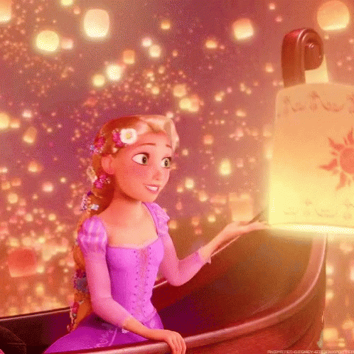 Cartoon Girl In Purple Dress Sitting In Boat With Lanterns GIF
