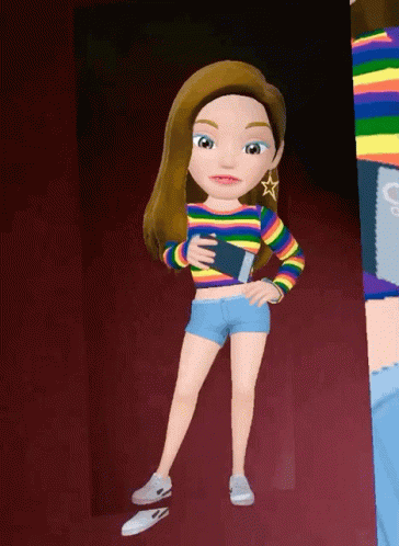 Cartoon Girl in Rainbow Striped Shirt and Shorts