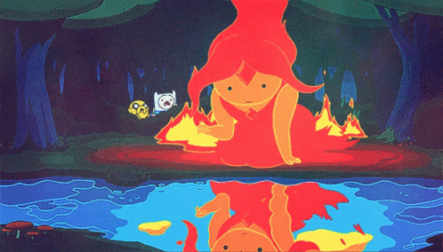 Cartoon Girl in Red Dress Sitting on Fire