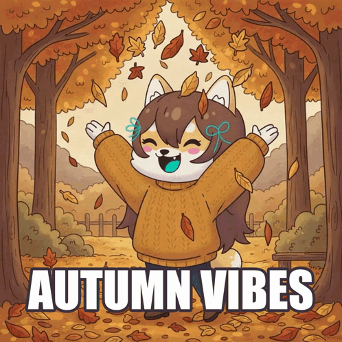 Cartoon Girl in Sweater Throwing Leaves Autumn Vibes