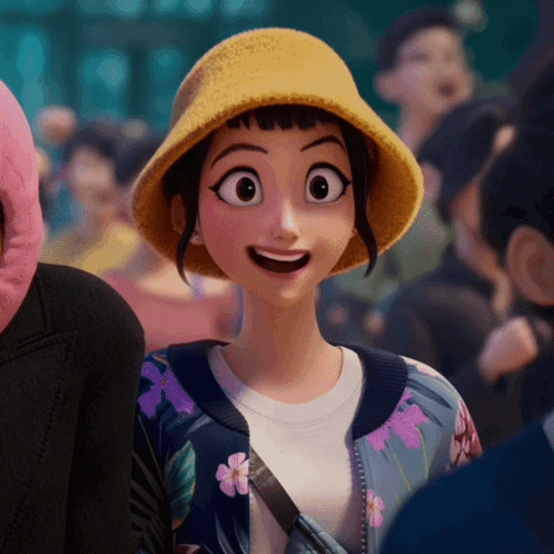 Cartoon Girl in Yellow Hat and Floral Jacket