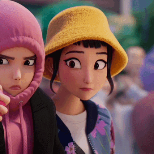 Cartoon Girl in Yellow Hat Next to Girl in Pink Hoodie