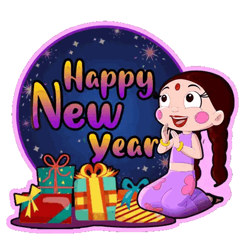 Cartoon Girl Kneeling by Gifts Saying Happy New Year