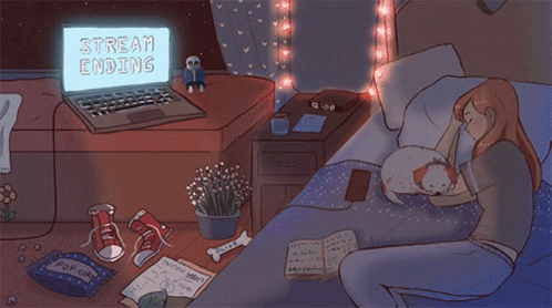 Cartoon Girl Laying in Bed With Laptop Saying Stream Ending
