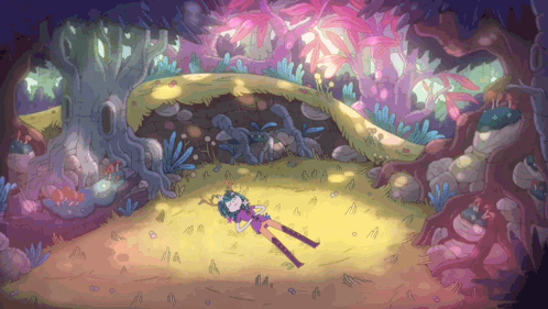Cartoon Girl Laying On Ground In Forest GIF