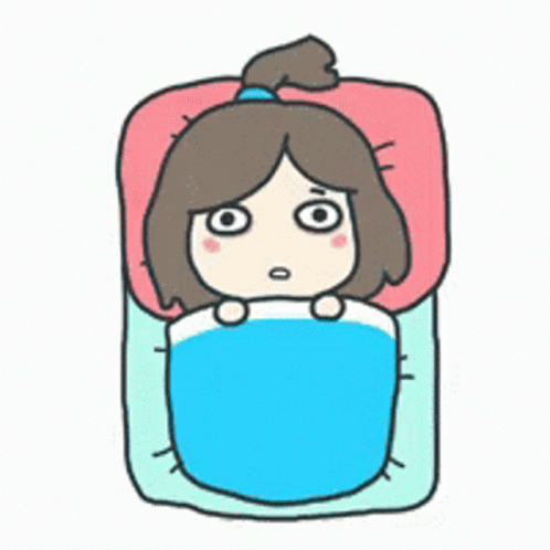 Cartoon Girl Lying in Bed with Blue Blanket