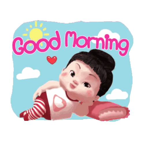 Cartoon Girl Lying on Pillow Good Morning