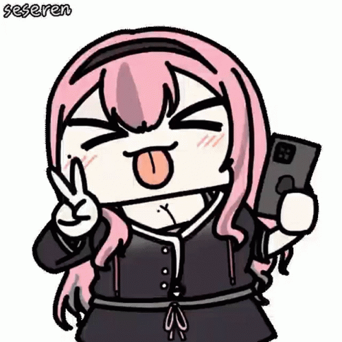 Cartoon Girl Making Peace Sign Holding Cell Phone