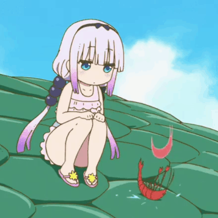 Cartoon Girl on Leaf Looking at Shrimp
