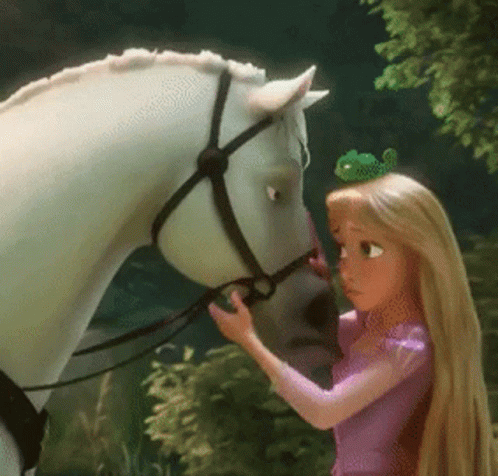Cartoon Girl Petting White Horse GIF