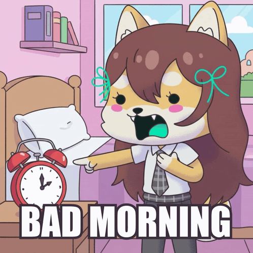 Cartoon Girl Pointing at Alarm Clock Bad Morning