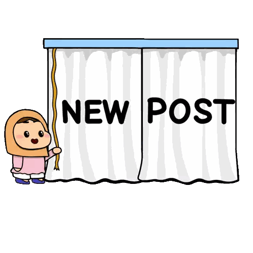 Cartoon Girl Pulling Curtain Saying New Post