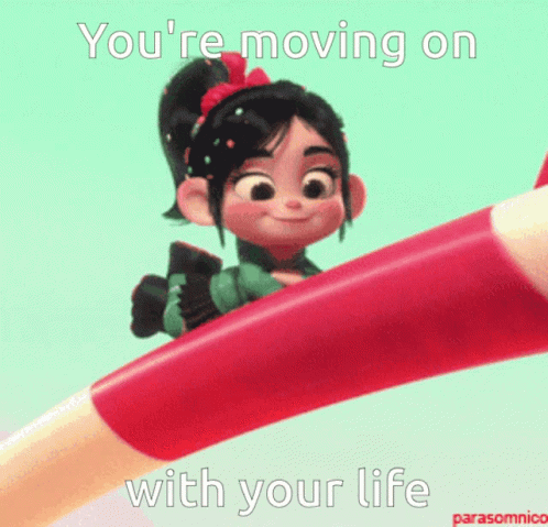 Cartoon Girl Riding Red Pencil You're Moving On With Your Life